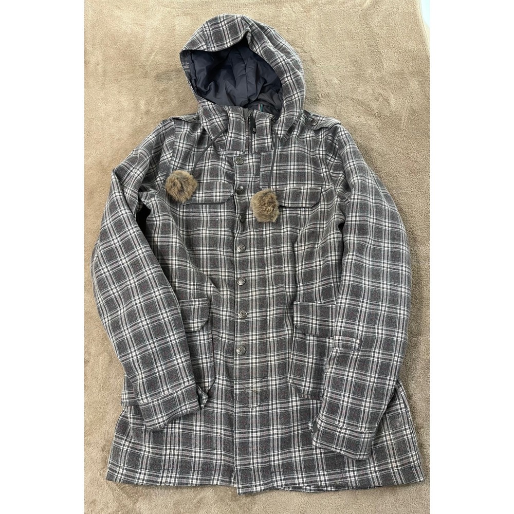 Burton Dryride Snow Jacket Women XL Gray Winter Sports Coat Faux Fur Pom Pom EUC